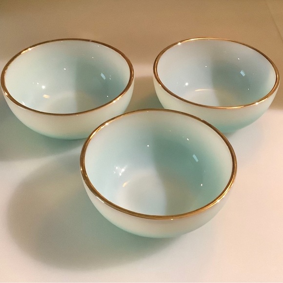 Fire King Other - Rare HTF Set of 3 Ombre Turquoise Gold Rimmed Fire King Cereal bowls
